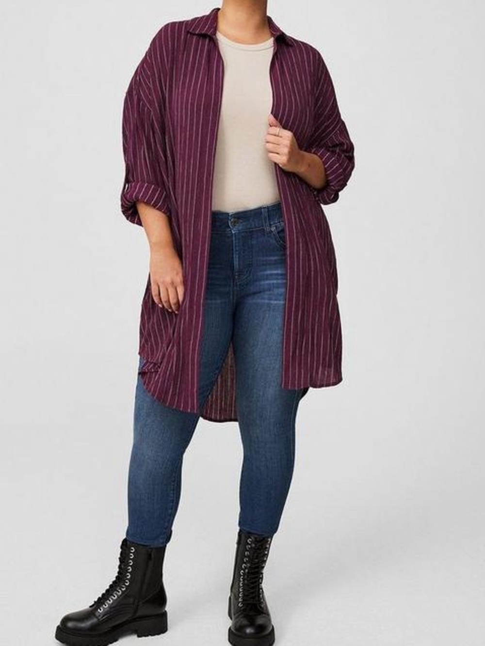 NWT Torrid Oversized Kimono Shirt Jacket in Plum with White Pinstripes sz 26
